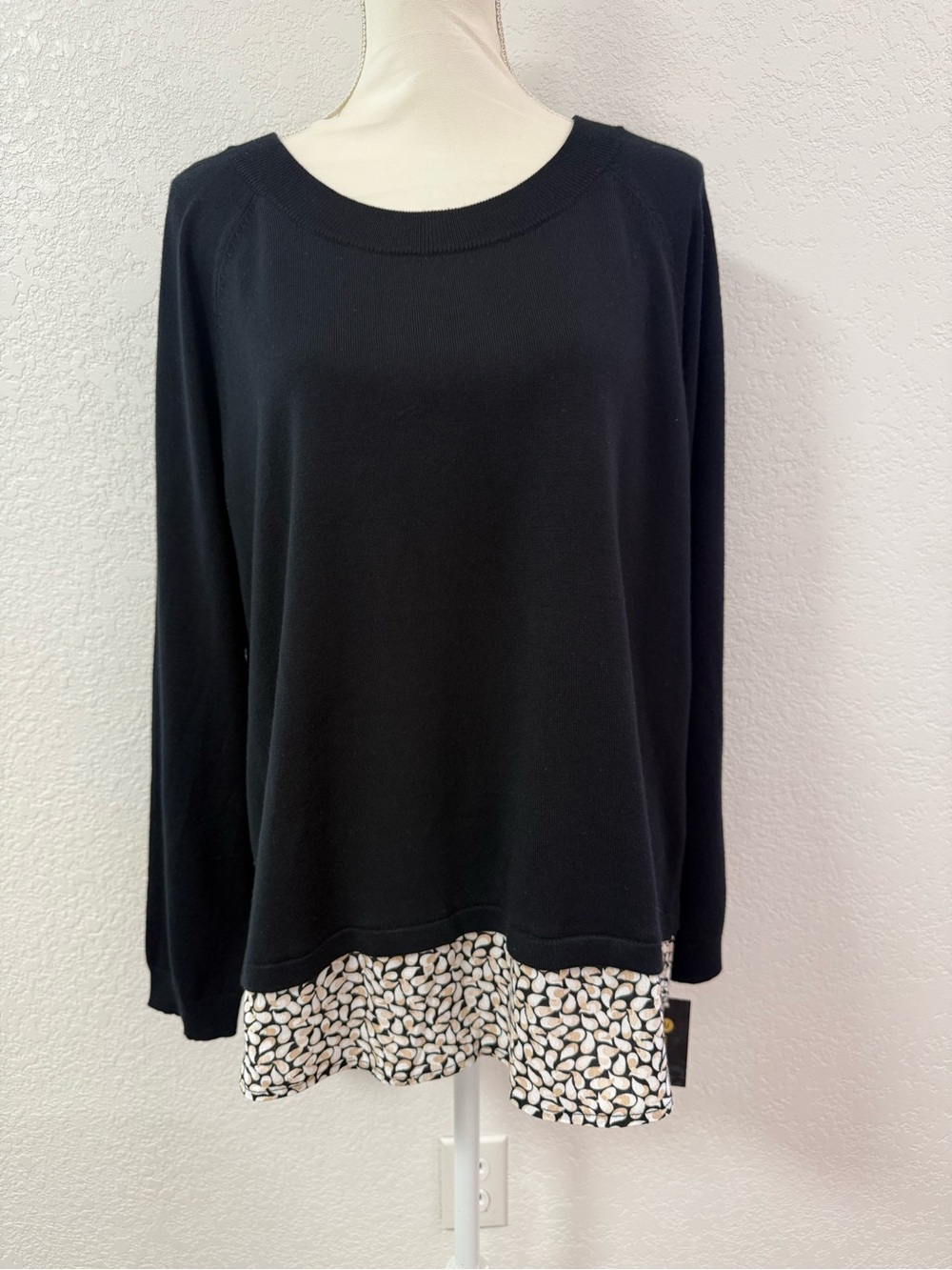 JM COLLECTION Women Abstract Knit Crew Neck Layered Long Sleeve Blouse L